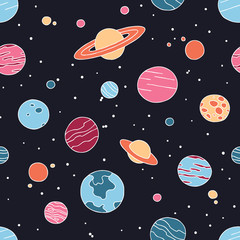 Night space seamless pattern with planets and hand drawn elements - 300422090