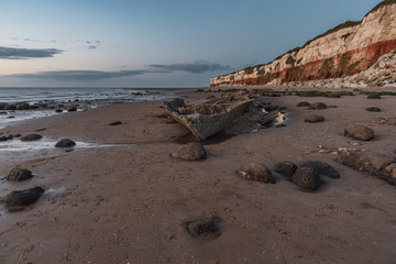 The Wreck of the Steam Trawler Sheraton in the evening light at the Hunstanton Cliffs in Norfolk, England, UK
