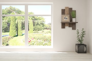 Stylish empty room in white color with summer landscape in window. Scandinavian interior design. 3D illustration