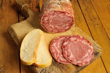 typical traditional Italian salami and salami sandwich