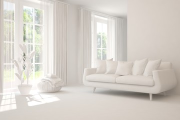 Mock up of stylish room in white color with sofa. Scandinavian interior design. 3D illustration