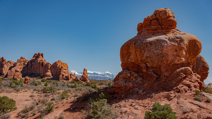 Rock formations in Arches National Park with view of snow capped La Sal Mountains in background
