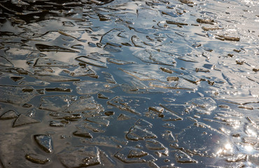 Nature photo, river with pieces of ice. Wintertime, cold weather