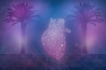 Beautiful abstract surreal neon heart tropical landscape and the silhouette of a neon futuristic...