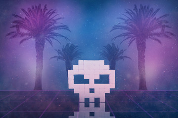 Beautiful abstract surreal pixel white skull tropical landscape and the silhouette of a neon futuristic city collage concept, background.]