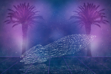 Beautiful abstract surreal spaceship rocket tropical landscape and the silhouette of a neon...