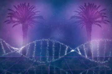 Beautiful abstract surreal DNA molecule tropical landscape and the silhouette of a neon futuristic...