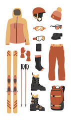 Ski equipment kit clothes vector illustration on transparent background. Extreme winter sport. Set skis and ski poles