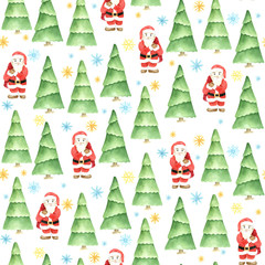 Seamless winter pattern. Christmas watercolor design. Hand drawn Santa Claus, pine trees and snowflakes. Cartoon character.