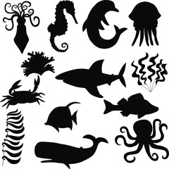black ocean  animals and fish isolated on white background