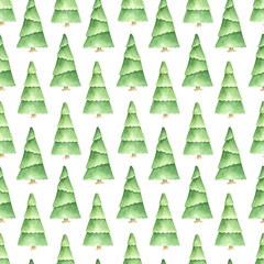 Obraz premium Seamless winter pattern. Christmas watercolor design. Hand drawn pine trees. Cartoon character.
