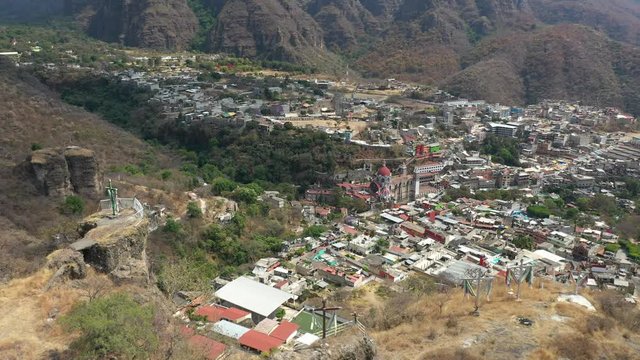 Aerial drone view of the town and Sanctuary of Chalma from the cliffs, Mexico