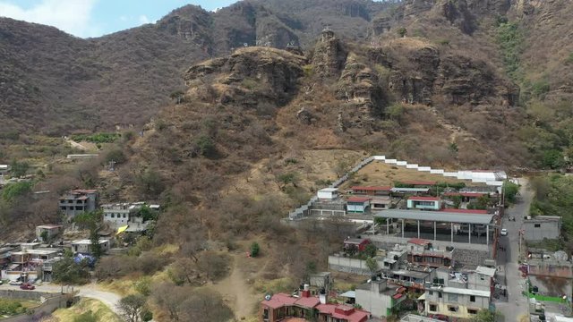 Aerial drone view of the crosses on the top of the cliffs in Chalma, Mexico