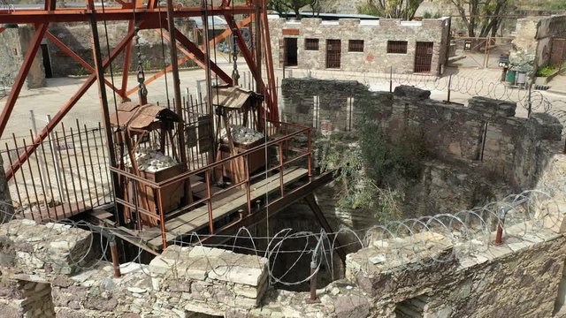 Aerial drone video of the deepest shaft in the spanish colonial silver mine of La Valenciana, Guanajuato, Mexico