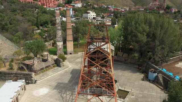 Aerial drone shot of the colonial mining machinery of the old mine of La Valenciana, Guanajuato, Mexico
