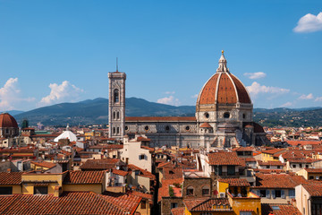 Cathedral of Santa Maria del Fiore and Giotto's Bell Tower. Florence, Italy. View from the tower of the Palazzo Vecchio.