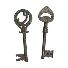 vintage bronze keys on white background