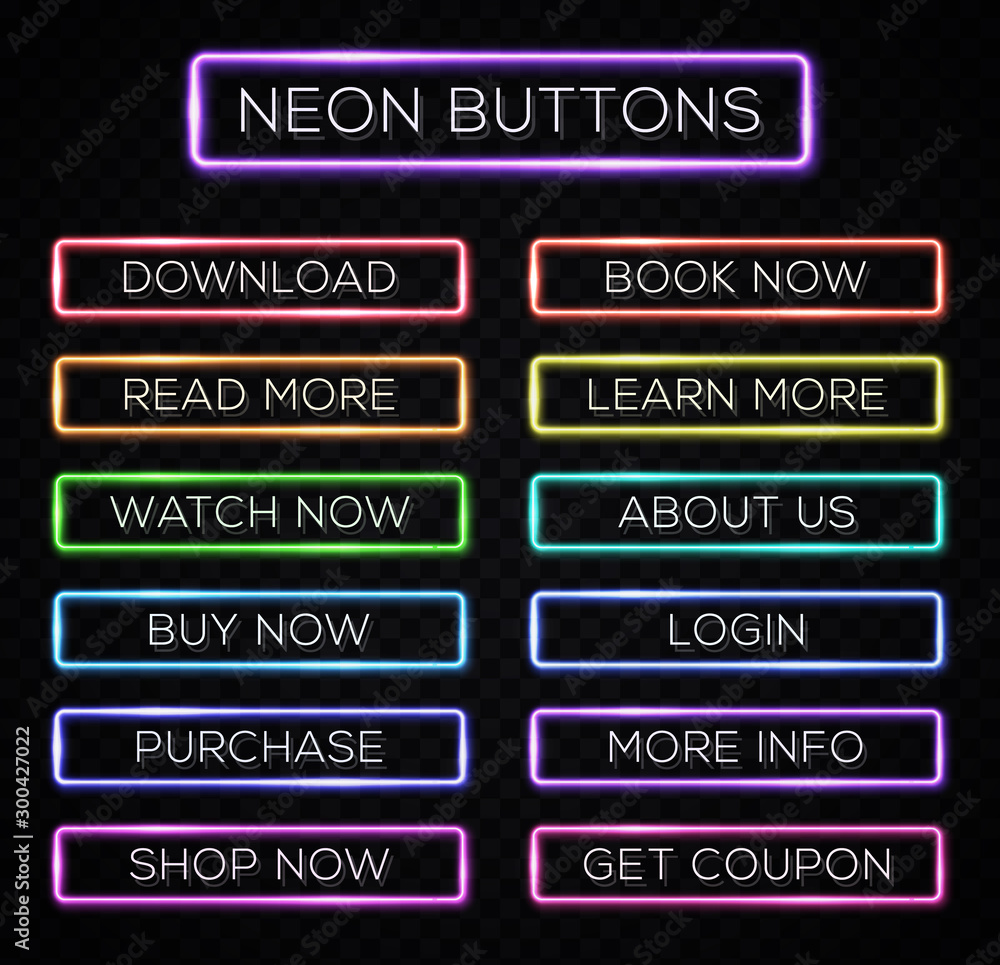 Poster bright colors neon web buttons set for website design template isolated on black transparent backgro