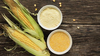 Polenta corn grits and corn flour in a porcelain bowl on a wooden table. Ears of corn and pieces of...