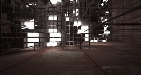 Abstract architectural concrete  and rusted metal interior from an array of white cubes with neon lighting. 3D illustration and rendering.