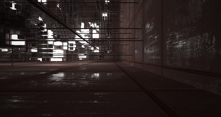 Abstract architectural concrete  and rusted metal interior from an array of white cubes with neon lighting. 3D illustration and rendering.