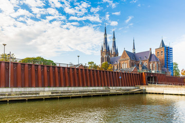 Floodwall at the river Meuse protecting the small village Cuijk, the Netherlands