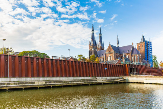 Floodwall at the river Meuse protecting the small village Cuijk, the Netherlands