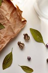 vintage background on Kraft paper with green leaves and dried flowers snake earrings with a glass of water.