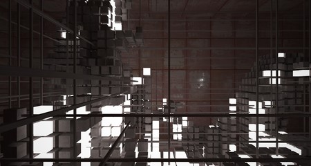 Abstract architectural concrete  and rusted metal interior from an array of white cubes with neon lighting. 3D illustration and rendering.