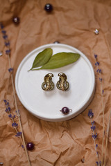 vintage background on Kraft paper with green leaves and dried flowers snake earrings with a glass of water.