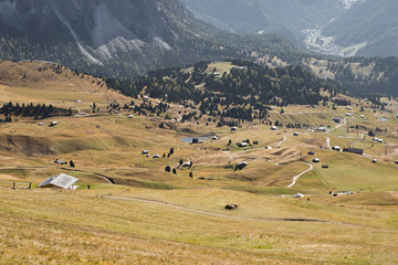 Fototapeta na wymiar Wanderung im Herbst auf der Seceda mit schöner Bergkulisse in den Dolomiten im Grödner Tal in Südtirol Italien. Schöner Blick auf die Alm Landschaft
