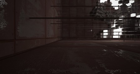Abstract architectural concrete  and rusted metal interior from an array of white cubes with neon lighting. 3D illustration and rendering.