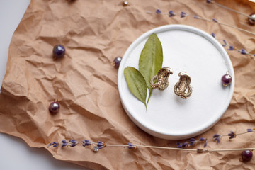 vintage background on Kraft paper with green leaves and dried flowers snake earrings with a glass of water.