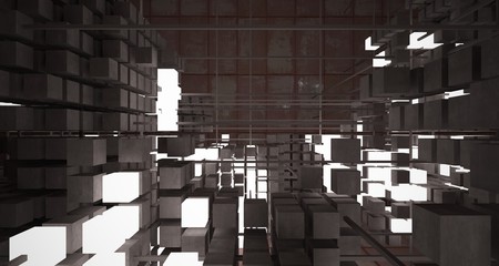 Abstract architectural concrete  and rusted metal interior from an array of white cubes with neon lighting. 3D illustration and rendering.