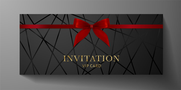 Luxurious VIP Invitation template with red bow, ribbon on black background and silver text. Premium class design for Gift certificate, Voucher, Gift card 