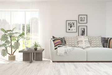 Stylish room in white color with sofa. Scandinavian interior design. 3D illustration