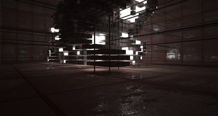 Abstract architectural concrete  and rusted metal interior from an array of white cubes with neon lighting. 3D illustration and rendering.