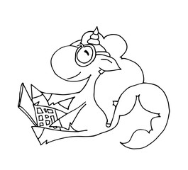 Cute fabulous unicorn with outlined for coloring book isolated on a white background. Unicorns works and plays on a laptop.	