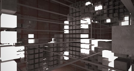Abstract architectural concrete  and rusted metal interior from an array of white cubes with neon lighting. 3D illustration and rendering.