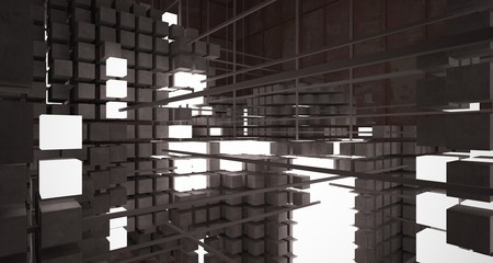 Abstract architectural concrete  and rusted metal interior from an array of white cubes with neon lighting. 3D illustration and rendering.