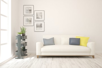 Stylish room in white color with sofa. Scandinavian interior design. 3D illustration