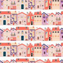 Simple pattern with vintage houses, old streets, urban landscape.
