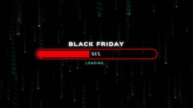 Black Friday red loading bar progress on futuristic matrix style background animation for online shopping