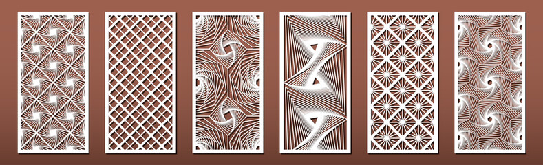Set of laser cut templates with geometric pattern.  For metal cutting, wood carving, panel decor, paper art, stencil or die for fretwork, card background design. Vctor illustration