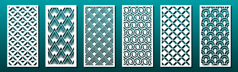 Set of laser cut templates with geometric pattern.  For metal cutting, wood carving, panel decor, paper art, stencil or die for fretwork, card background design. Vctor illustration - obrazy, fototapety, plakaty