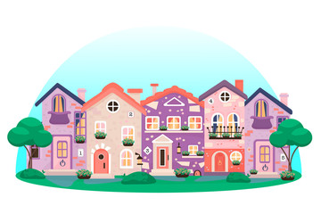 Group of cute houses with flower pots surrounded by trees