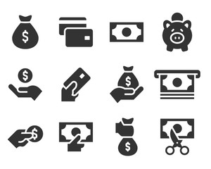 Money and payment black icons on white background. Holding cash in hand and saving money
