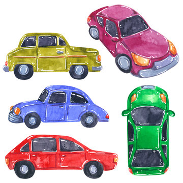 Set of transport items, hand drawn watercolor illustration isolated on white.
