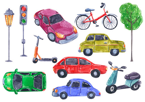 Set of transport items, cars, bicycle, scooter, hand drawn watercolor illustration isolated on white.