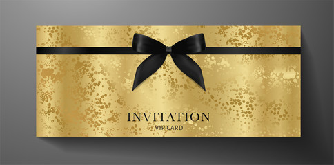 Luxurious VIP Invitation template with black bow, ribbon on golden textured background. Premium class design for Gift certificate, Voucher, Gift card 